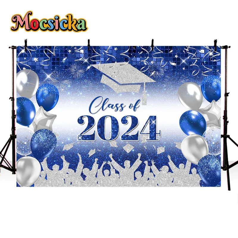 Mocsicka Class Of 2024 Fotografi Background Graduation Season Party Decor Ballong Bachelor Hat Backdrop Student Kids Photo Banne