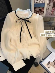 Women's Apricot Shirts and Blouses Vintage Y2k 90s Aesthetic French Style 2000s Elegant Long Sleeve Luxury Shirt Clothes Autumn
