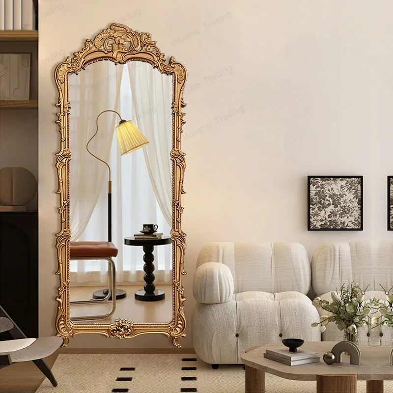 French retro floor-to-ceiling dressing American home entrance European carved full body wall hanging fitting mirror