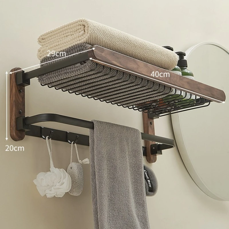 ‌Foldable Towel Rack for Bathroom, Wall-Mounted Double Layer Holder, Solid Wood Bathroom Organizer, Space-Saving Folding Bar
