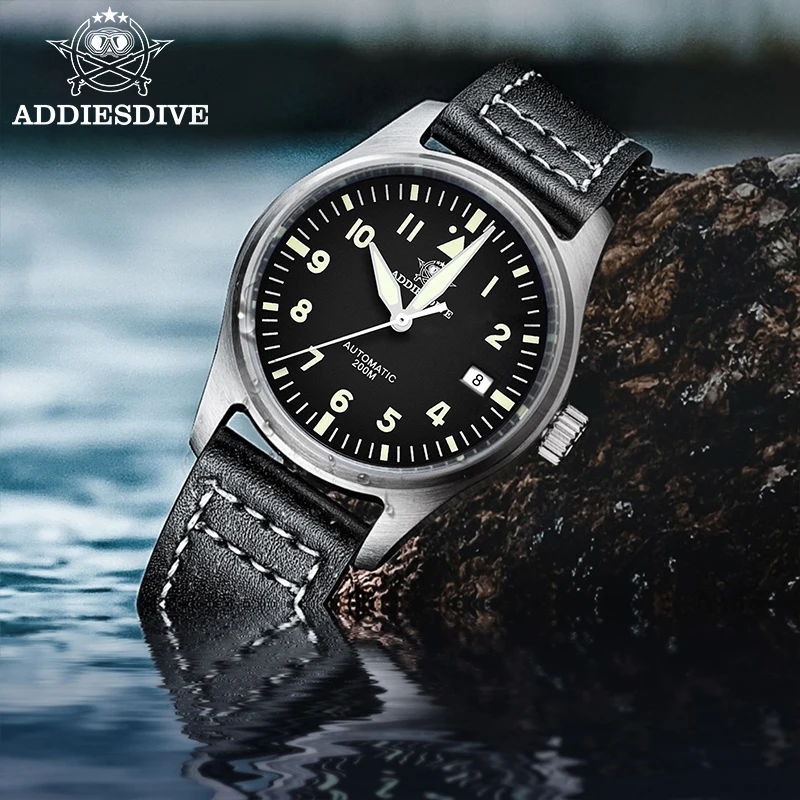 ADDIESDIVE 39mm mechanische Automatikuhr für Herren im Business-Stil, Saphirglas, C3 Superleuchtmasse, 200 Meter wasserdicht, Datumsanzeige, hochwertiges Lederarmband