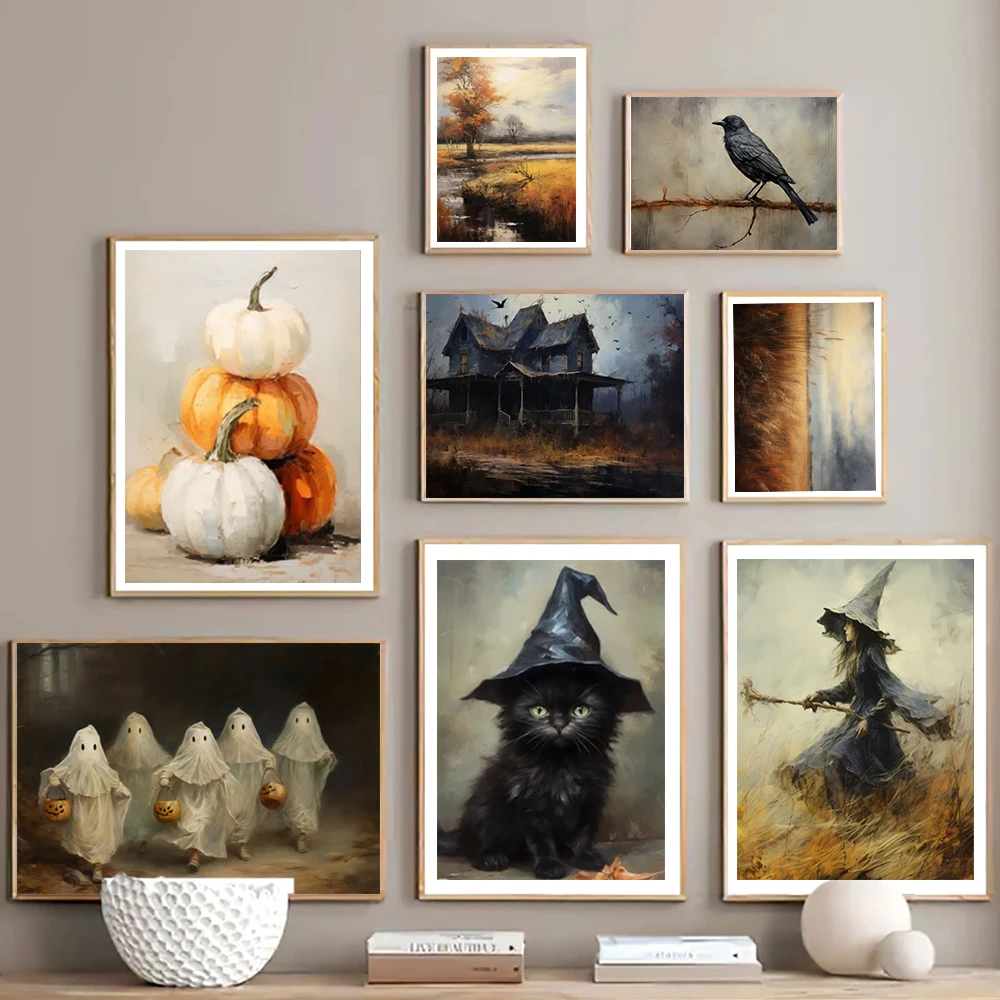 Gallery Wall Prints Living Room Home Decor Vintage Horror Castle Ghost Posters Gothic Witch Halloween Canvas Painting Picture