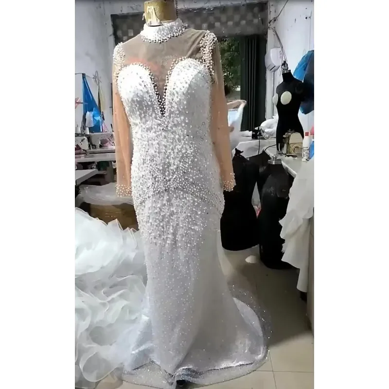 Customized Africa Sexy Mermaid Wedding Dresses With Detachable Skirt Bling Bling Shiny Pearls Appliques Fish Tail Bridal Dress