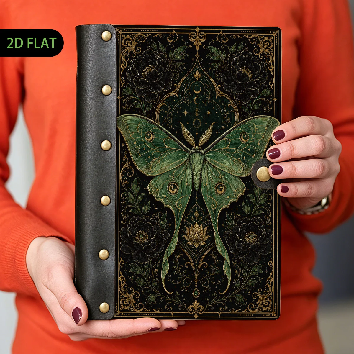 1pc Dark Green Luna Moth Black Peony Lotus Wood Leather Binder Notebook, Refillable Loose Leaf, 2D Flat Hard Shell Metal Rivets,