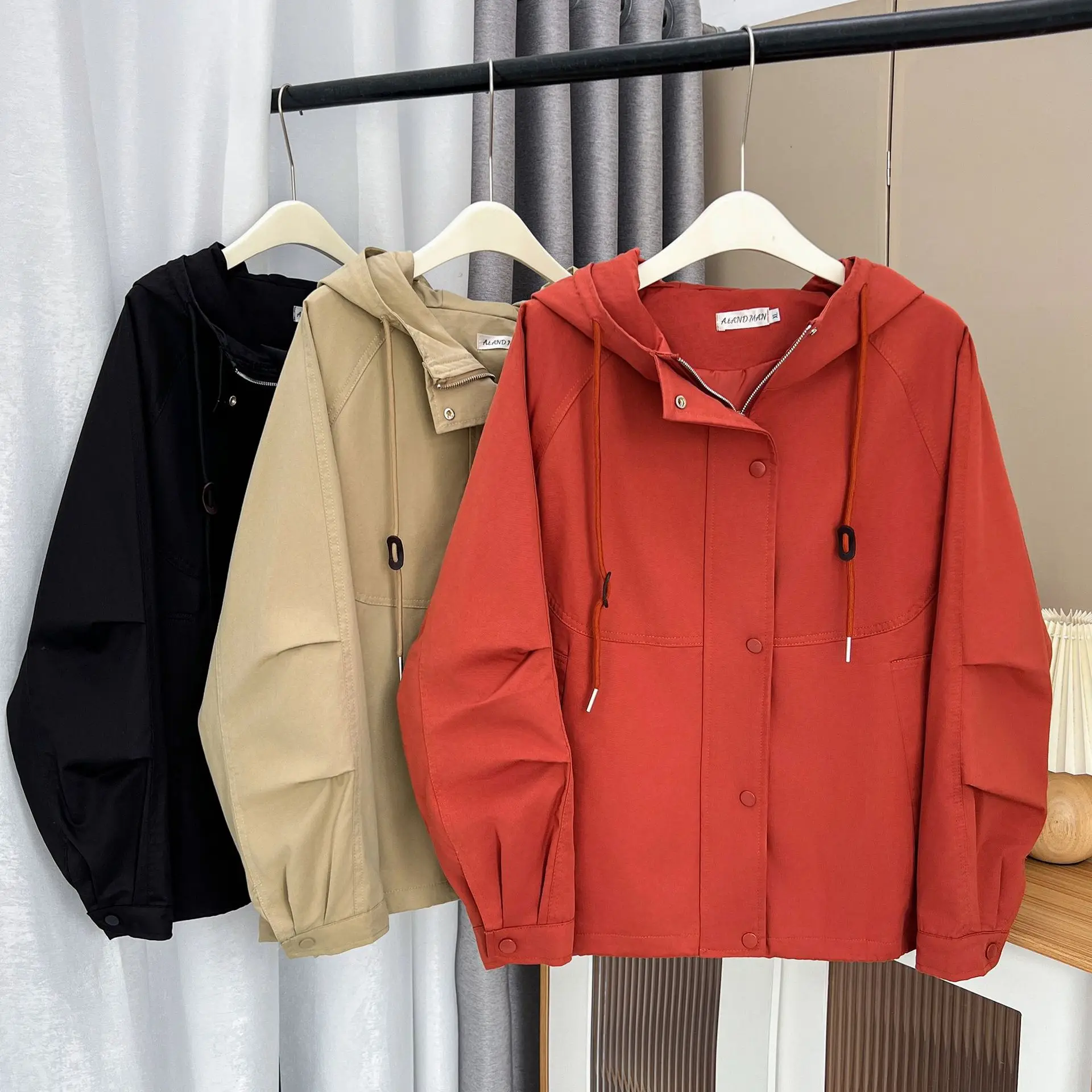 Washed Cotton Solid Color Zipper Hooded Jacket Womens Plus Size Autumn 2023 Casual Clothing Fashion Outwear Curve Coats F21 6821