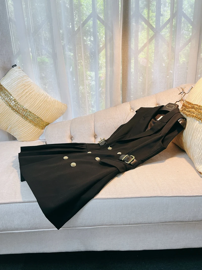 레트로 홍콩 스타일 슬림 베스트 여성용 고급스러운 블랙 슈트 출퇴근용 A라인 스커트 봄 여름...