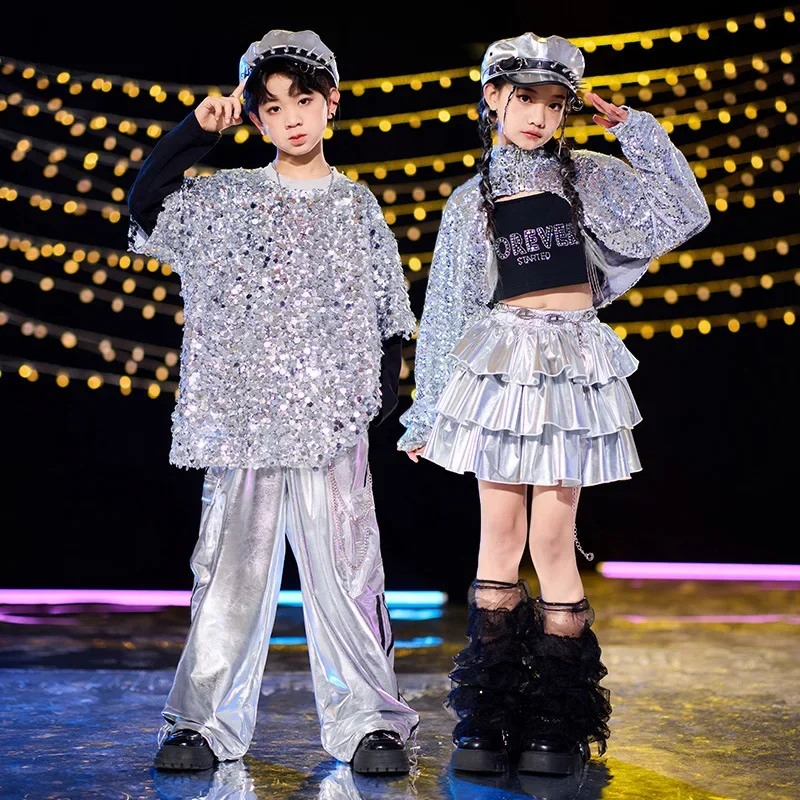 Jazz Dance Costumes Silver Sequined Tops Pleated Skirts Singers Music Festival Performances Girls Jazz Latin Dance Costumes