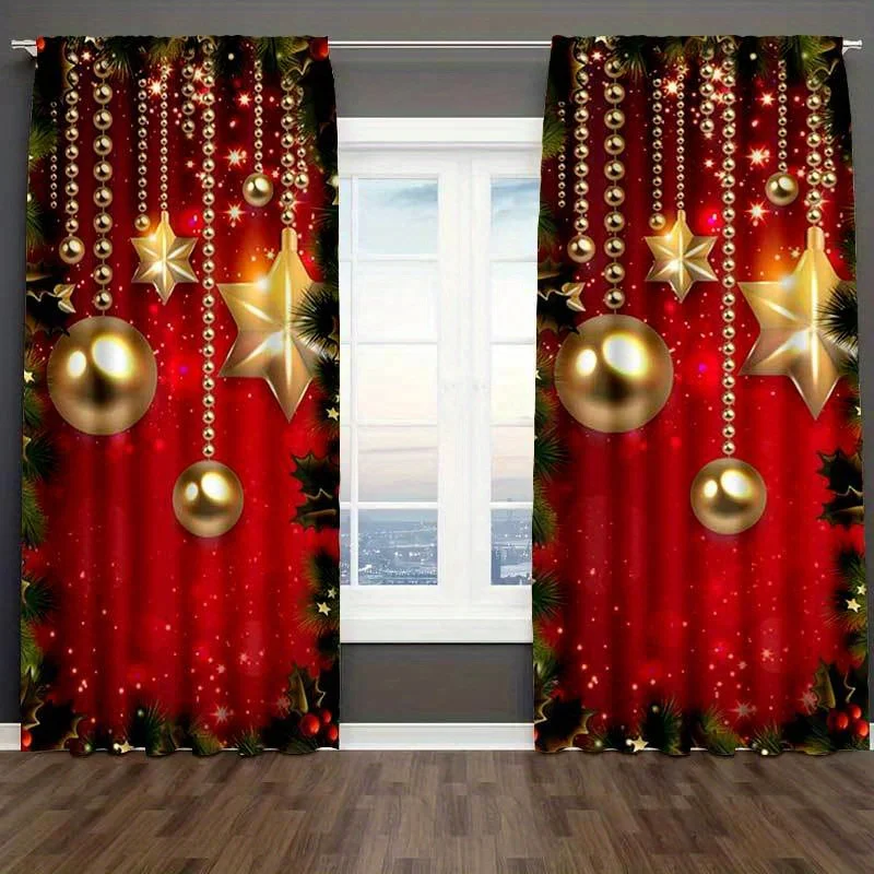 

Festive Christmas Print Curtains Vintage Style Machine Washable Artistic Design for Living Room Bedroom Rod Pocket Easy to Hang