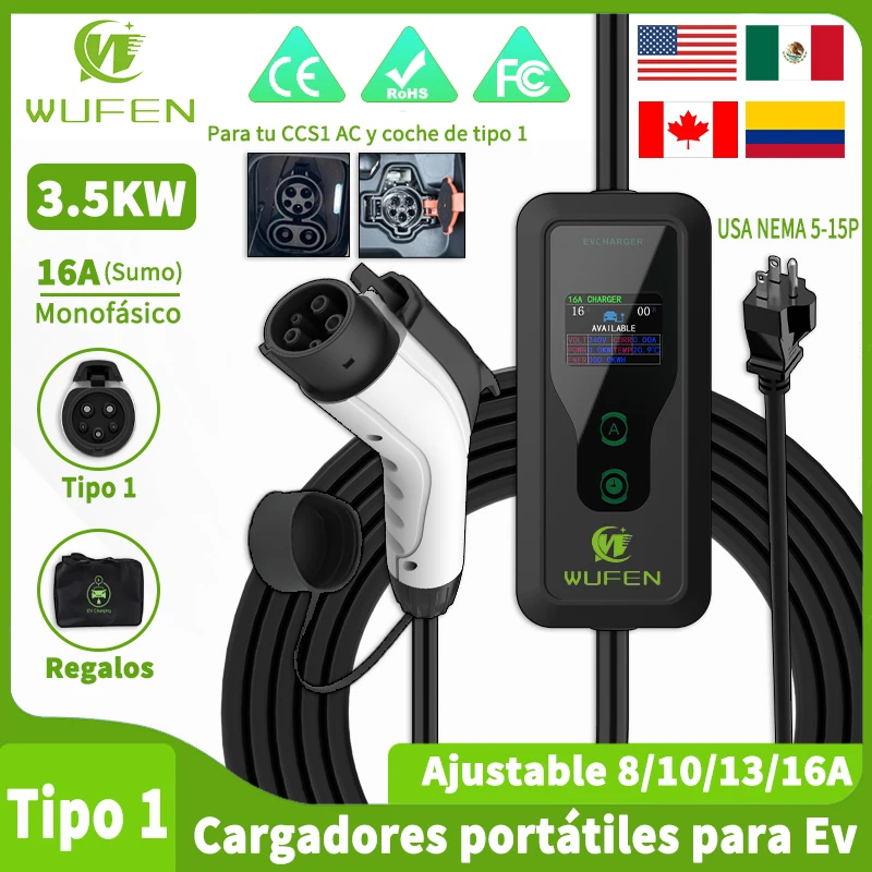 WUFEN Portable EV J1772 Charger 3.5kw Adjustable 8/10/13/16A Charging Case Type 1 Car Charger 110v Plug for USA Electric Vehicle