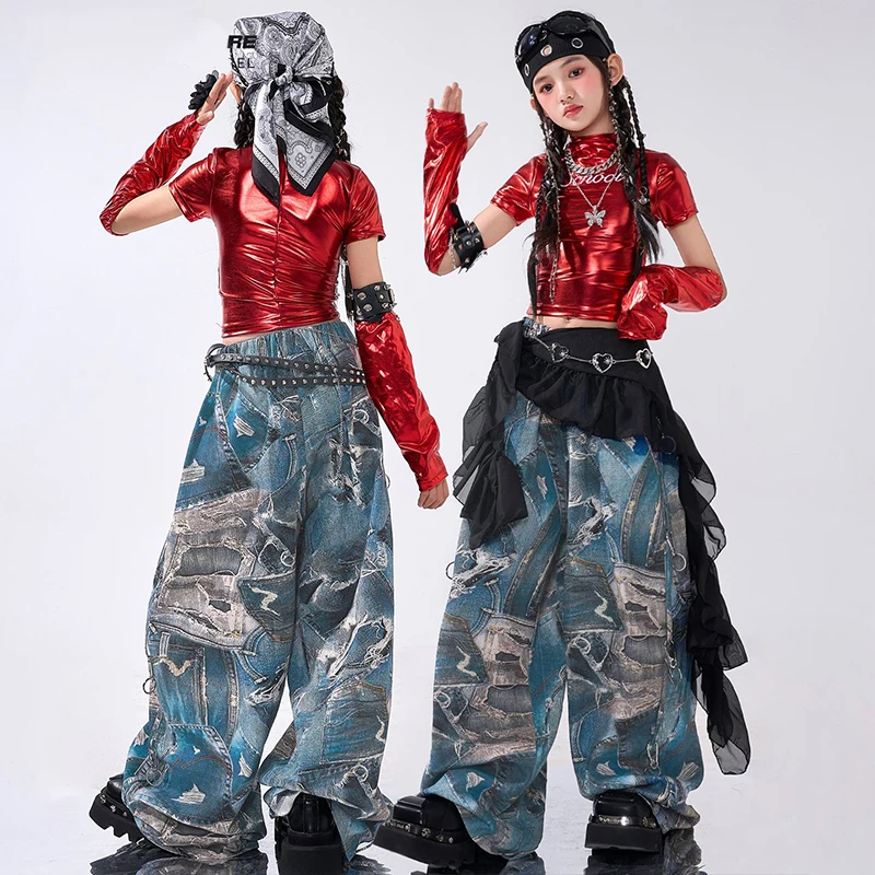 Costume de danse Jazz rouge pour spectacle scolaire, tenue de spectacle, haut court, pantalon Shuffle, vêtements de scène Kpop pour filles, vêtements de danse de rue, 2025 2673