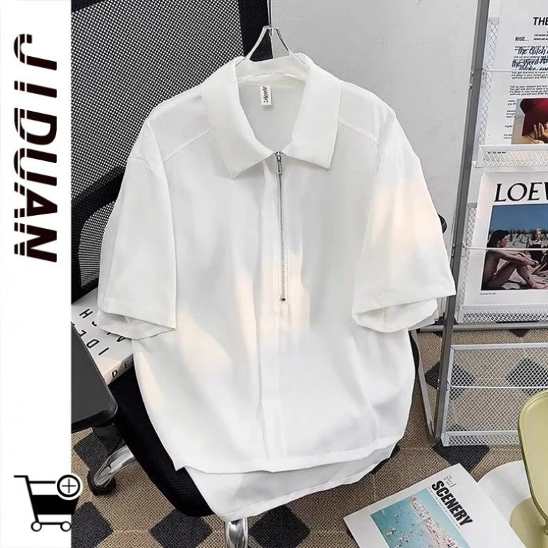 Traduan/Hong Kong Style Ins Retro Drooping Casual Shirt Men's Short-sleeved Summer Loose Casual High-end Semi-zipper Lining