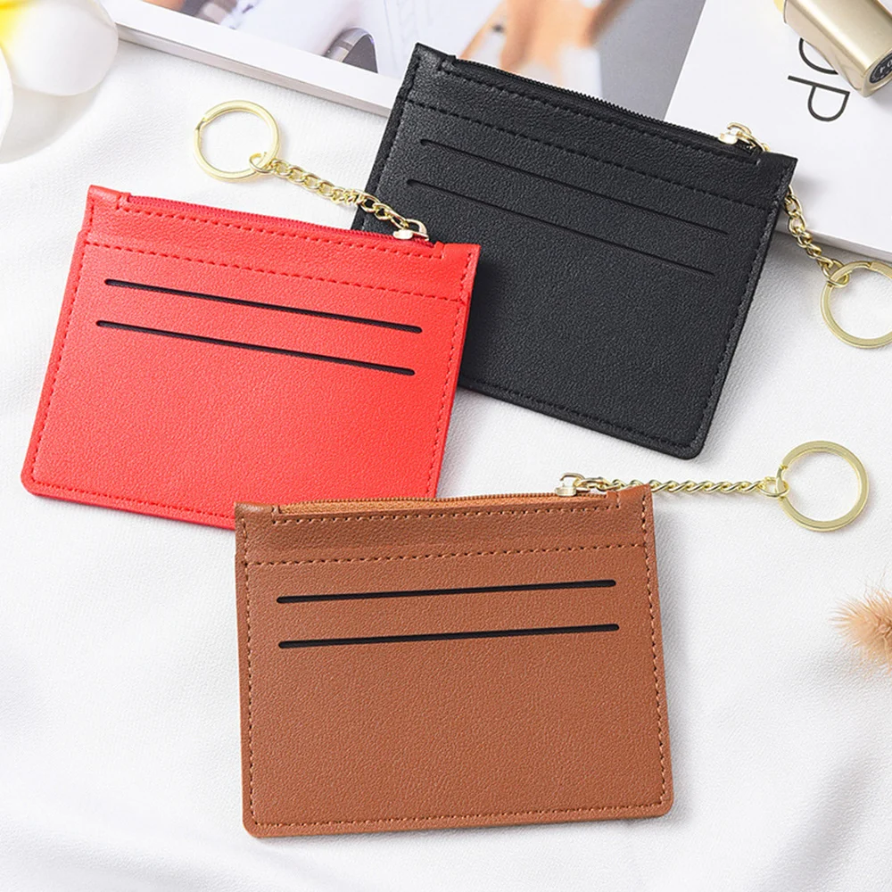 5 Slots PU Leather Zipper Card Holder With Keychain Ultra-thin Slim Bank Credit Card ID Card Holder Women Card Wallet Coin Purse