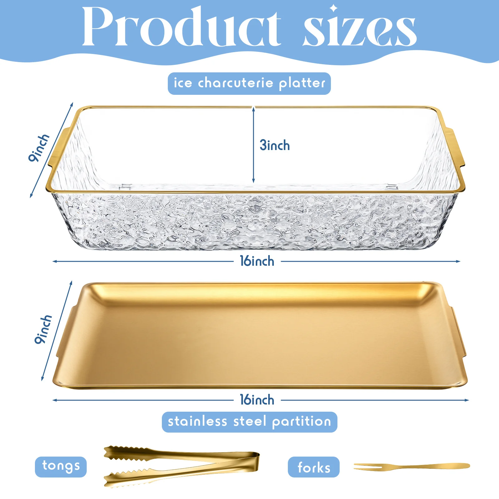 2-piece 16 x 9.45 cm chilled party tray with dividers, chilled party platter with fork and tongs