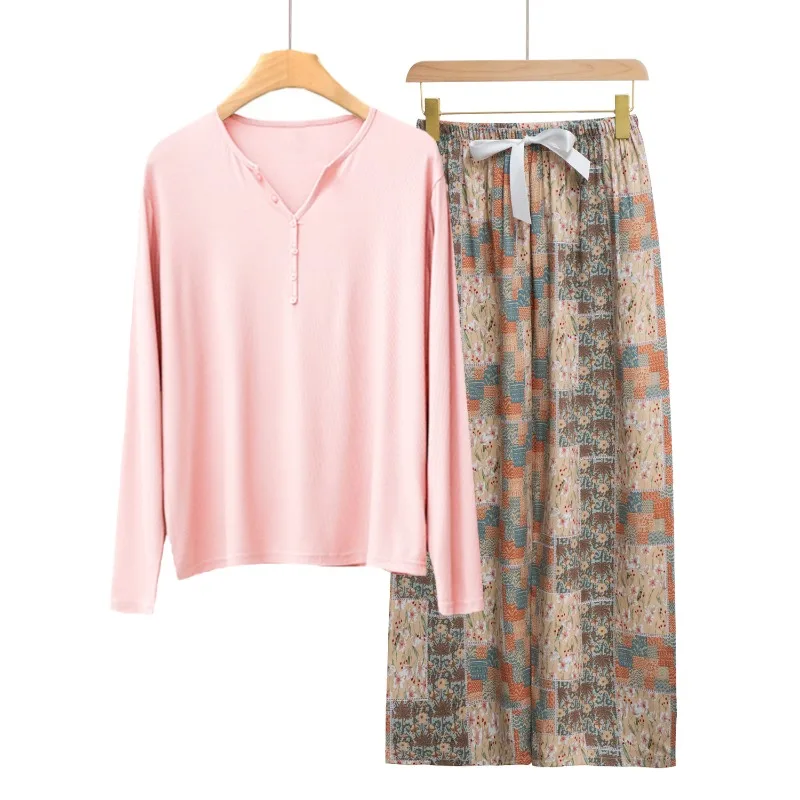 

Lightweight Autumn Long Sleeve Pajamas Sets 2pcs Viscose Casual Homewear Soft Base Layer Lady's Loungewear Pants