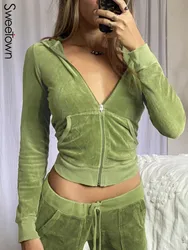 Sweetown rosa doce bonito veludo y2k colheita hoodies mulheres zip up casaco com capuz pulôver vintage estética casual verde camisolas