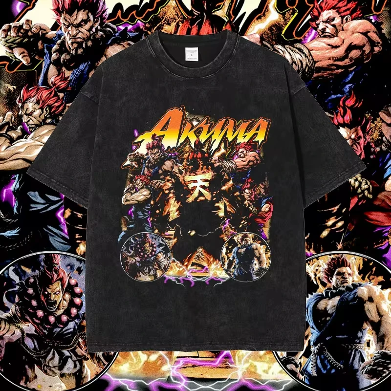 Chun Li Street Fighter T Shirt Pc Game RYU Akuma Vintage Washed Top Tees DTG Printing Short Sleeve Oversized T-shirt 100% Cotton