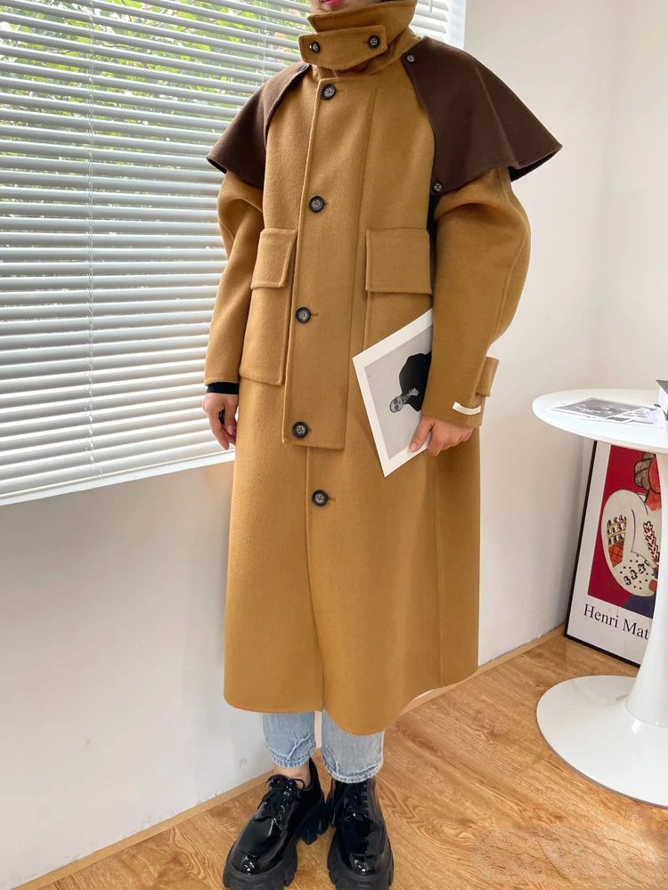 

High-end Vintage Cape Wool Cashmere Long Wool Coat Wome Fashion Straight Double Breasted Pockets Wool Tweed Jacket Autumn Winter