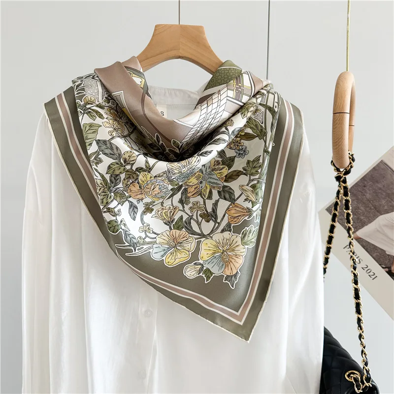 90 Silk Scarf Ladies 100% Real Silk Scarf Neckerchief Floral Printed Womens Fashion Elegant Silk Shawl Foulard Female Gifts