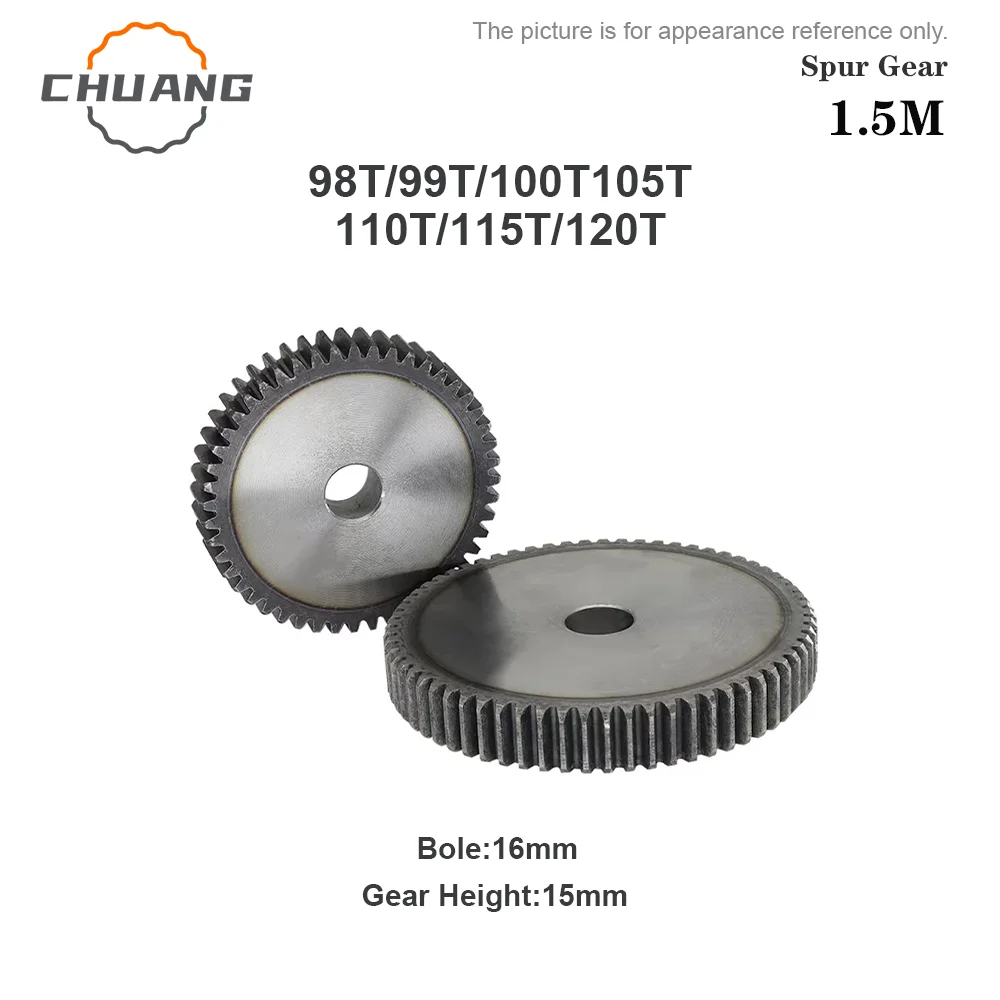 

Spur Gear 1.5M-98T/99T/100T/105T/110T/115T/120Teeth 45# Steel Material Cylindrical Gears For Transmission Accessories CNC Part