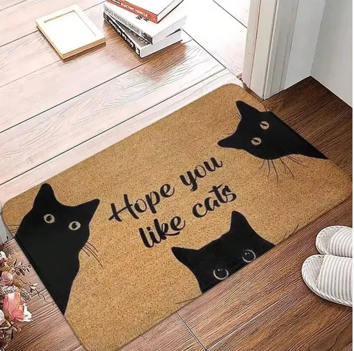 Schwarzer Katzen-Teppich, Willkommensmatte, niedlicher Cartoon-Rutschfester Fußmatte, weicher Teppich für Wohnzimmer, Teppich, Schlafzimmer, Outdoor-Teppich, Heimdekoration – Detail 7