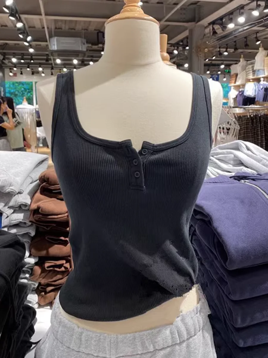 Three Buttons Ribbed Slim Tank Tops Summer Cotton Sleeveless Solid Simple Top Female Casual Vintage Streetwear Y2k Vest Woman