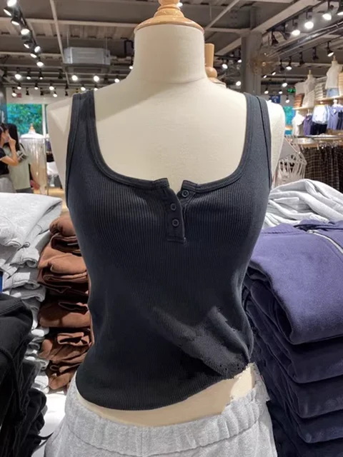 Three Buttons Ribbed Slim Tank Tops Summer Cotton Sleeveless Solid Simple Top Female Casual Vintage Streetwear Y2k Vest Woman