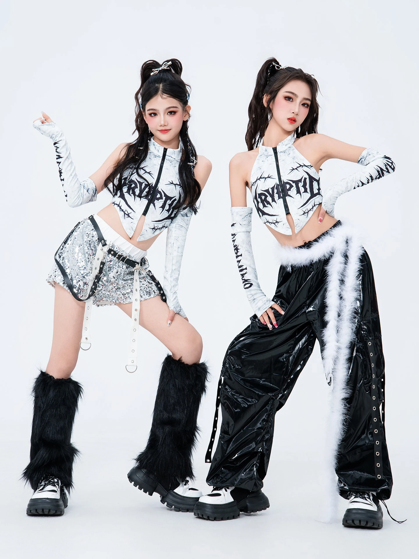 2025 جديد الحديثة رقص الجاز أزياء مسرحية للفتيات المحاصيل القمم السراويل الجلدية السوداء وتتسابق الأطفال الهيب هوب الملابس XH3064 #1