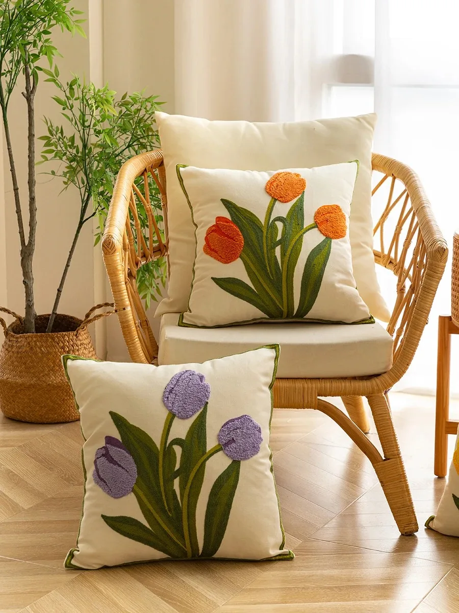 Reine Baumwolle Stickerei Tulpe Frühling Dekokissenbezüge Außenterrasse Kissenbezug Kissenbezüge Sommer Gartendekorationen Zuhause – Detail 6