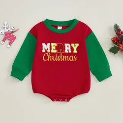 Christmas Newborn Baby Boys Girls Rompers Clothes Contrast Color Letter Embroidery Long Sleeve Crew Neck Bubble Jumpsuits