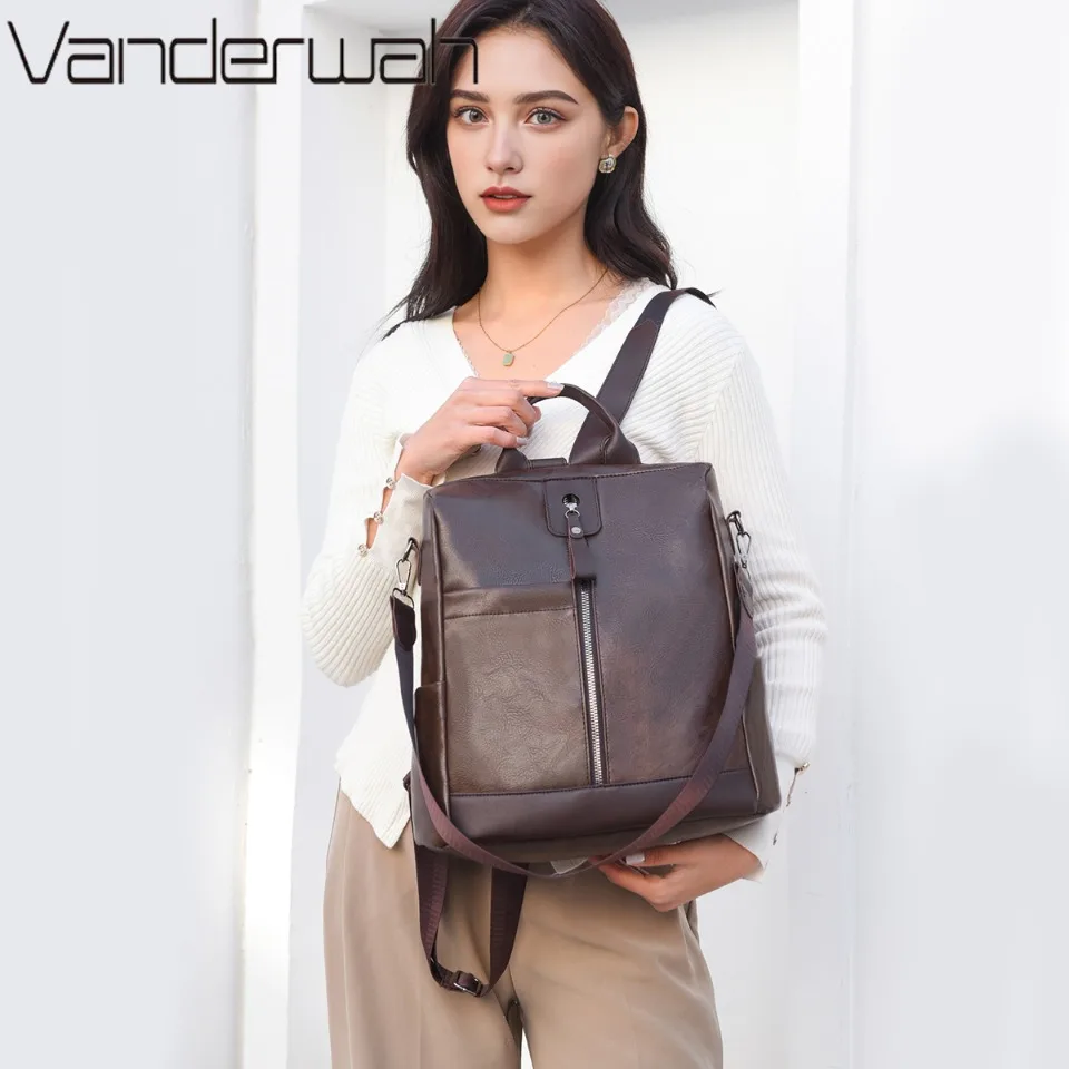 VANDERWAH Vintage Backpack for Women Multi-functional Shoulder Bag Student School Bag Multi-pocket Rucksack Unique Design Sac