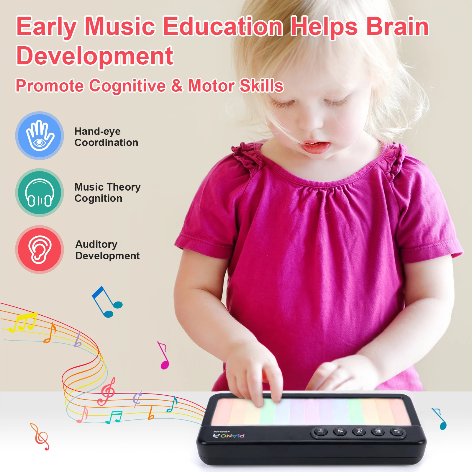 ของเล่นเปียโนกระพริบสีรุ้งพร้อมเครื่องดนตรี 5 ชนิด 13 ทำนอง ของเล่นดนตรีอิเล็กทรอนิกส์ ของเล่นคีย์บอร์ดแบบพกพา ของเล่นเพื่อการศึกษาสำหรับเด็ก