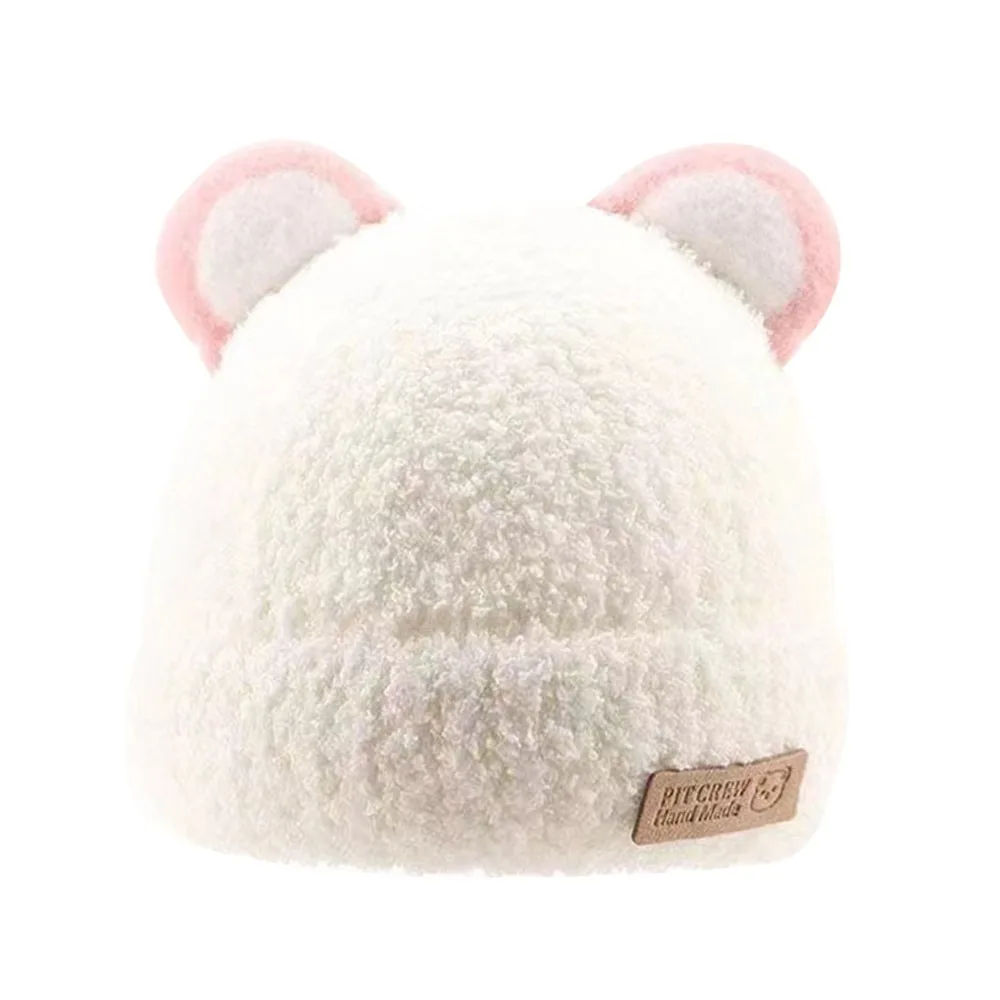 

5 Months-3Year Windproof Solid Color Baby Knitted Hat Soft Plush Winter Hat Cartoon Cute Beanie Hats Baby Children Kids