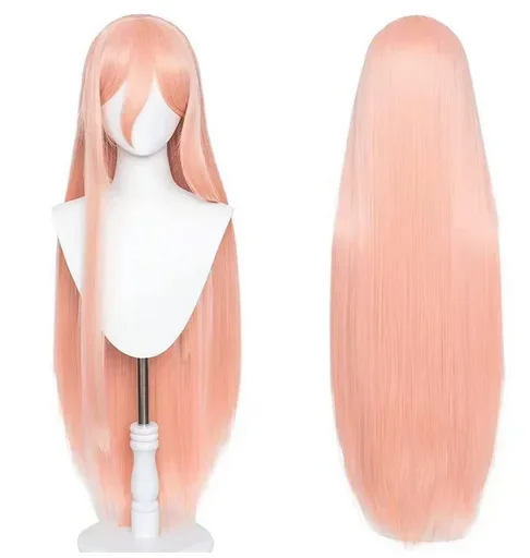 Anime gergaji mesin pria Makima Power Wig Cosplay Wig panjang oranye merah muda tahan panas rambut sintetis pesta peran Wig + Wig + tanduk