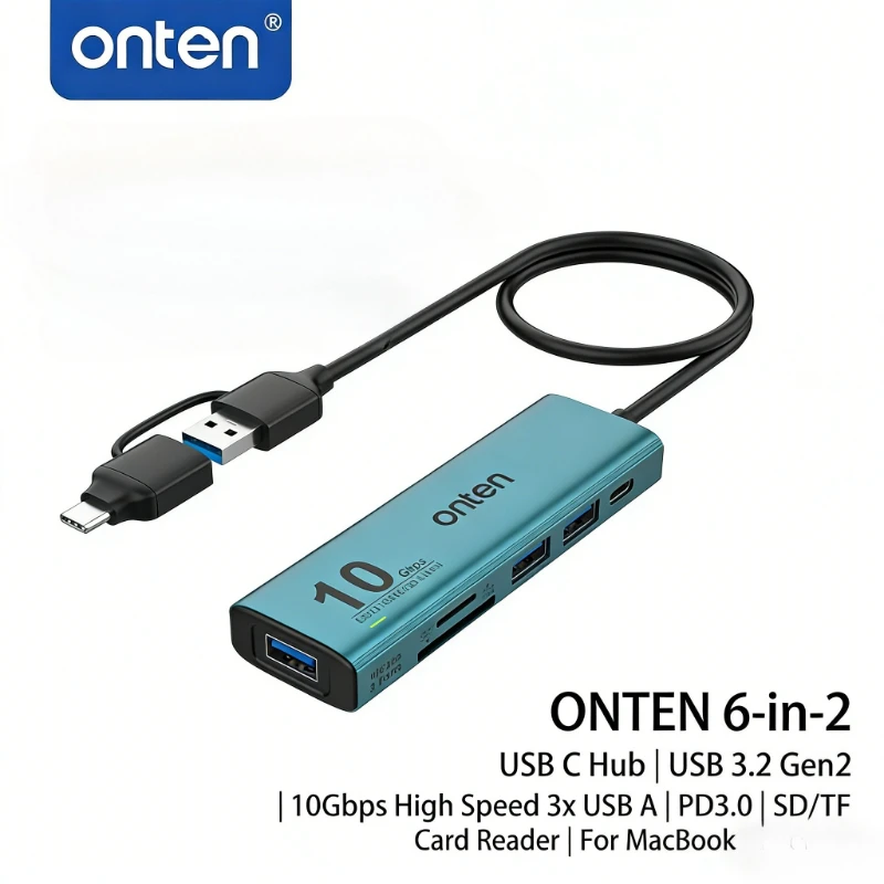

ONTEN Original 6 in 2 Type C HUB USB 3.2 Gen2 10Gbps 3 USB A Ports PD 3.0 SD TF Card Reader OTG Adapter for MacBook Laptop