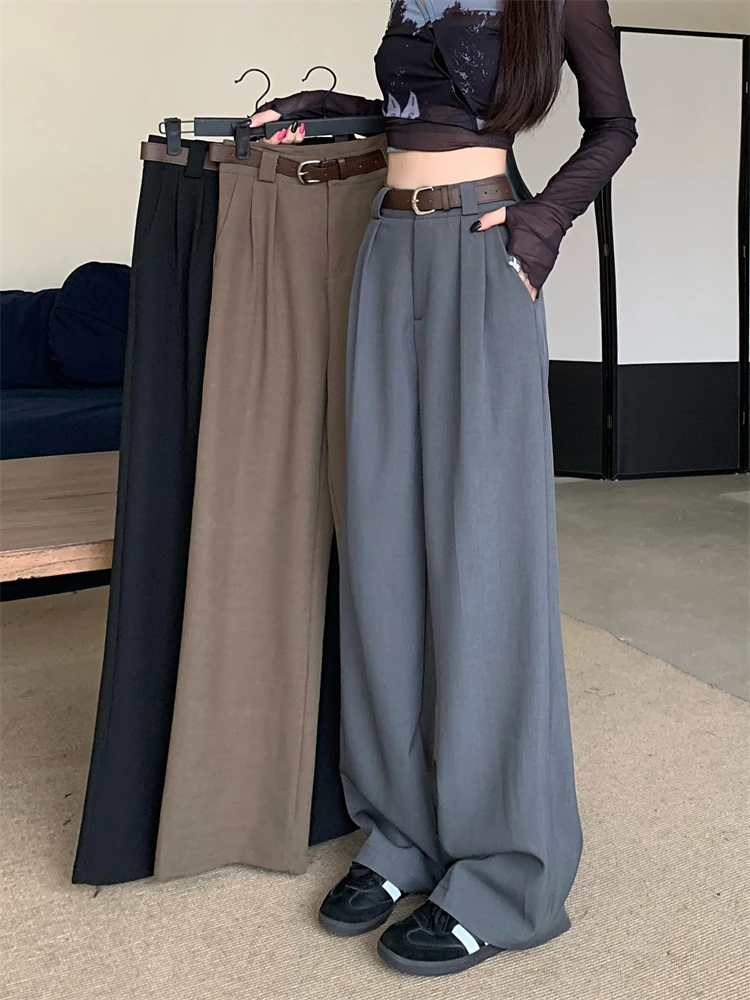 

Grey Casual Pants Women's Autumn High Waist Suit Pants Loose Sagging Straight Leg Wide Leg Pants Simple Floor Sweeping