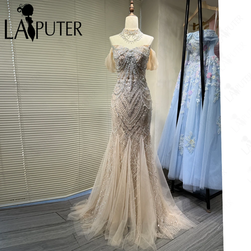 Luksusowe złote suknie wieczorowe w stylu syreny, zdobione kryształkami, z odkrytymi ramionami, sukienka na studniówkę, tiulowa spódnica, złota suknia formalna w stylu gwiazd, kolekcja 2026