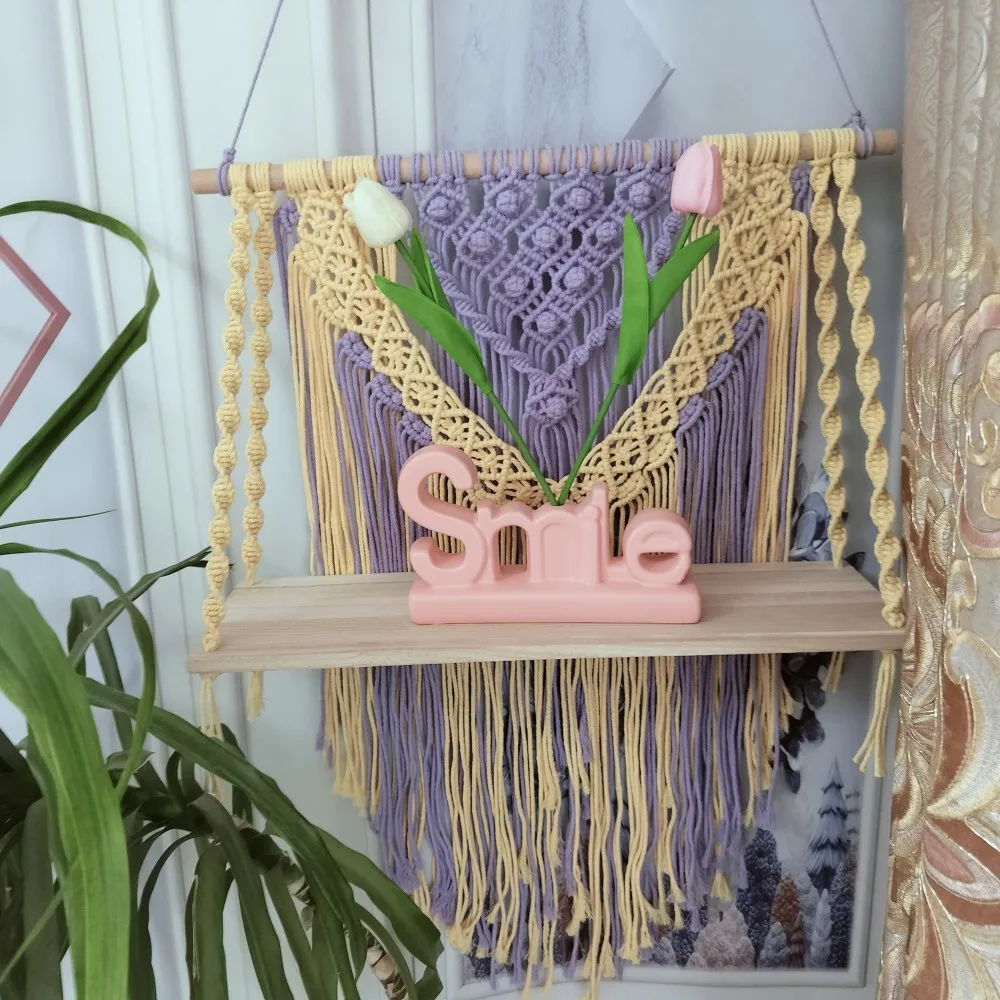 

Boho Macrame Hanging Shelf Rustic Wall Floating Shelves Handcrafted Crafts Flower Pot Display Stand Large Handwoven Plant Hanger