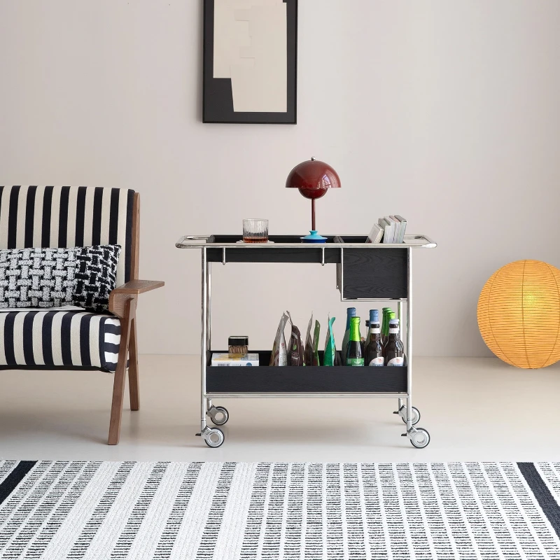 

Qingshan trolley solid wood edge few Bauhaus 304 stainless steel movable sofa coffee table medieval