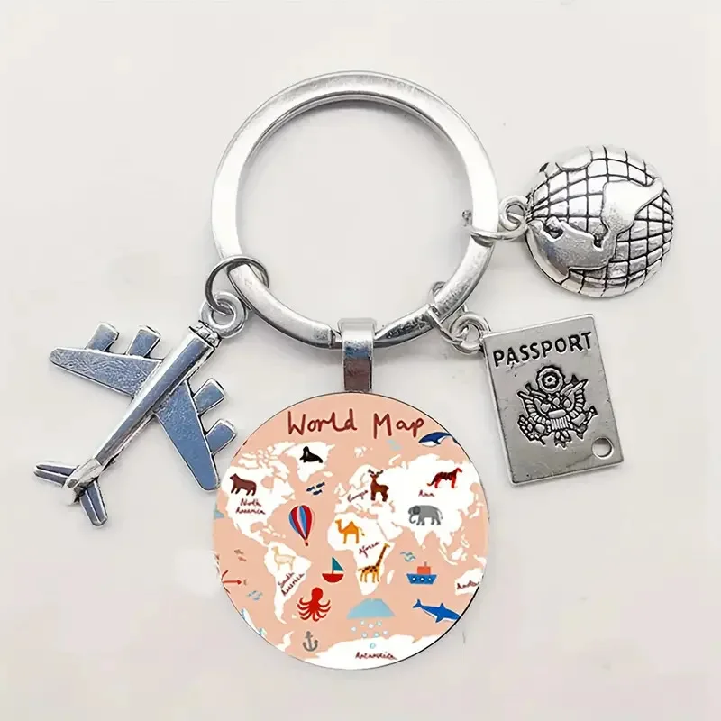 Carte du monde porte-clés pendentif porte-clés à la main carte du monde géographie porte-clés dôme en verre porte-clés femmes sac charme cadeau voyage Souven