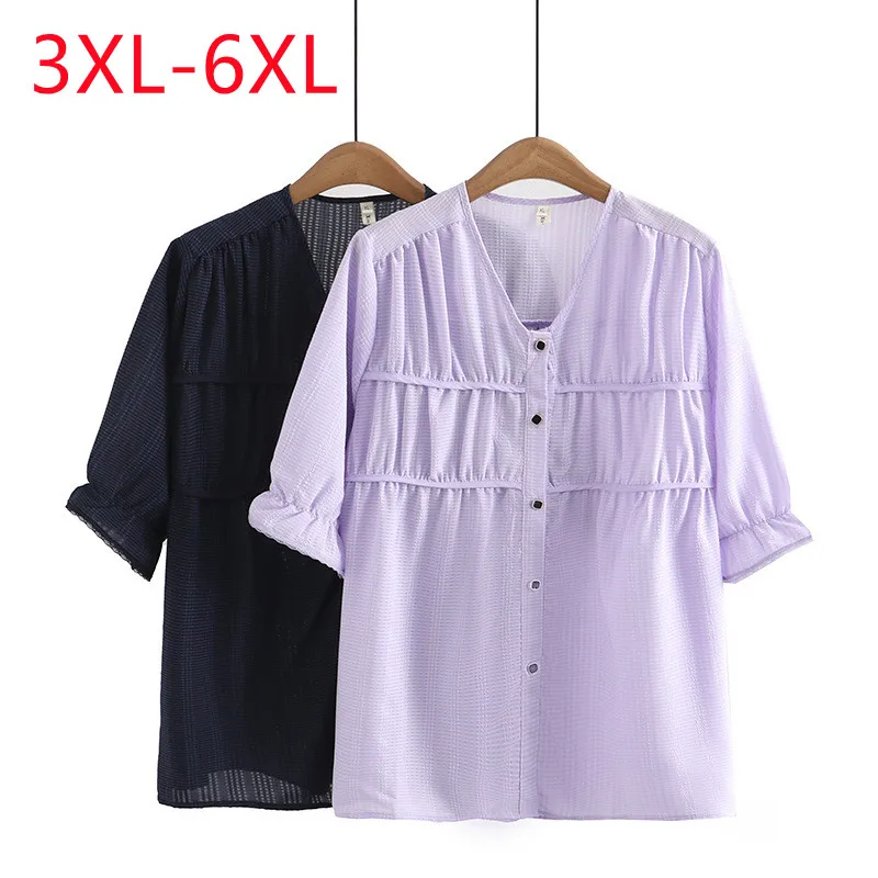 New 2023 Ladies Spring Summer Plus Size Tops For Women Large Size Short Sleeve V-neck Purple T-shirt Blouse 3XL 4XL 5XL 6XL