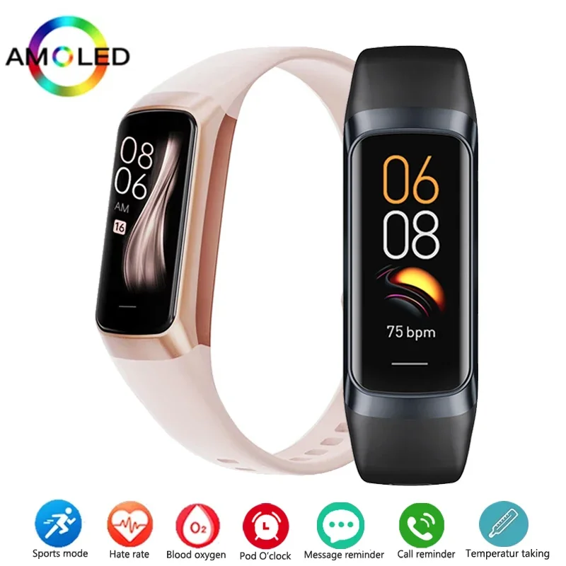 Amoled Smart Watch Sport Fitness Horloge Waterdicht Temperatuurmonitor Hartslag Dames Smartwatch Heren Bracele voor Android iOS