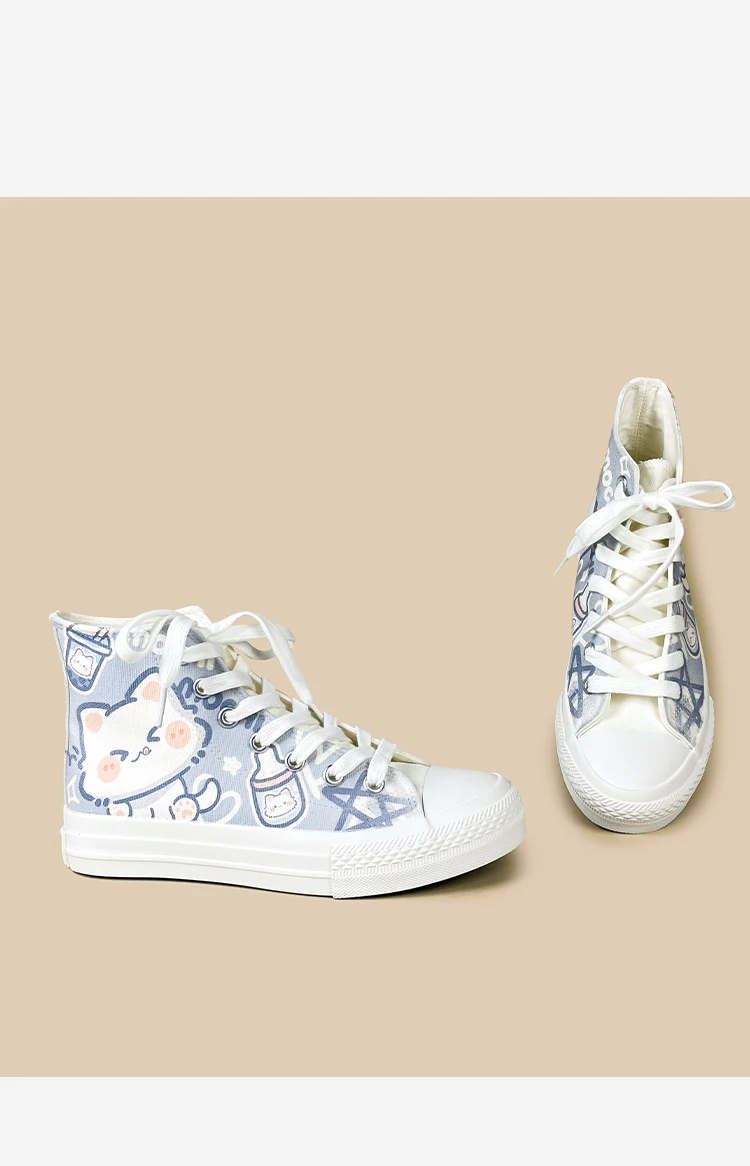 Amy und Michael Niedliche Cartoon-Katzen High-Top Canvas-Schuhe für Damen, Kawaii Weiße Schnürschuhe, Lässige Sneakers für Teenager-Mädchen, High-Top-Schuhe – Detail 11