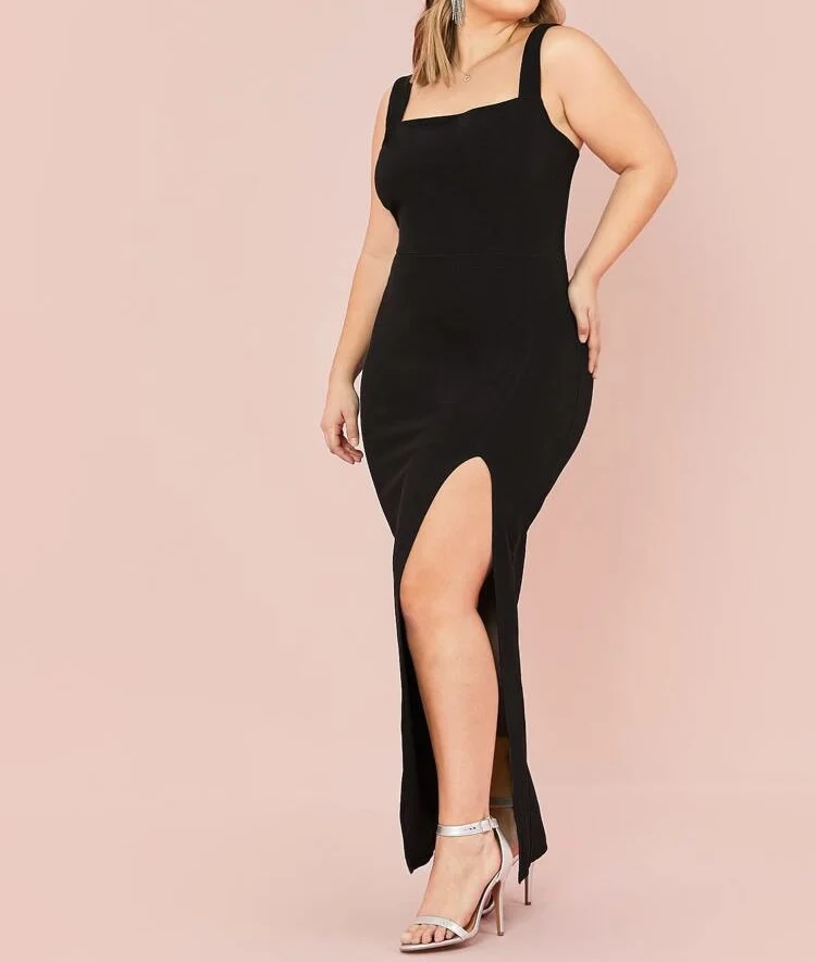 

Женское черное платье макси с квадратным вырезом, широкими бретелями, без рукавов, с высоким разрезом, для вечеринок, летние платья для женщин, платья больших размеров