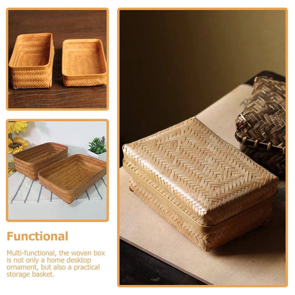 

Bamboo Woven Tea Box Storage Basket Simple Design Portable Tank Cover Fruit Container Rustic Style Home nament Multifunctional