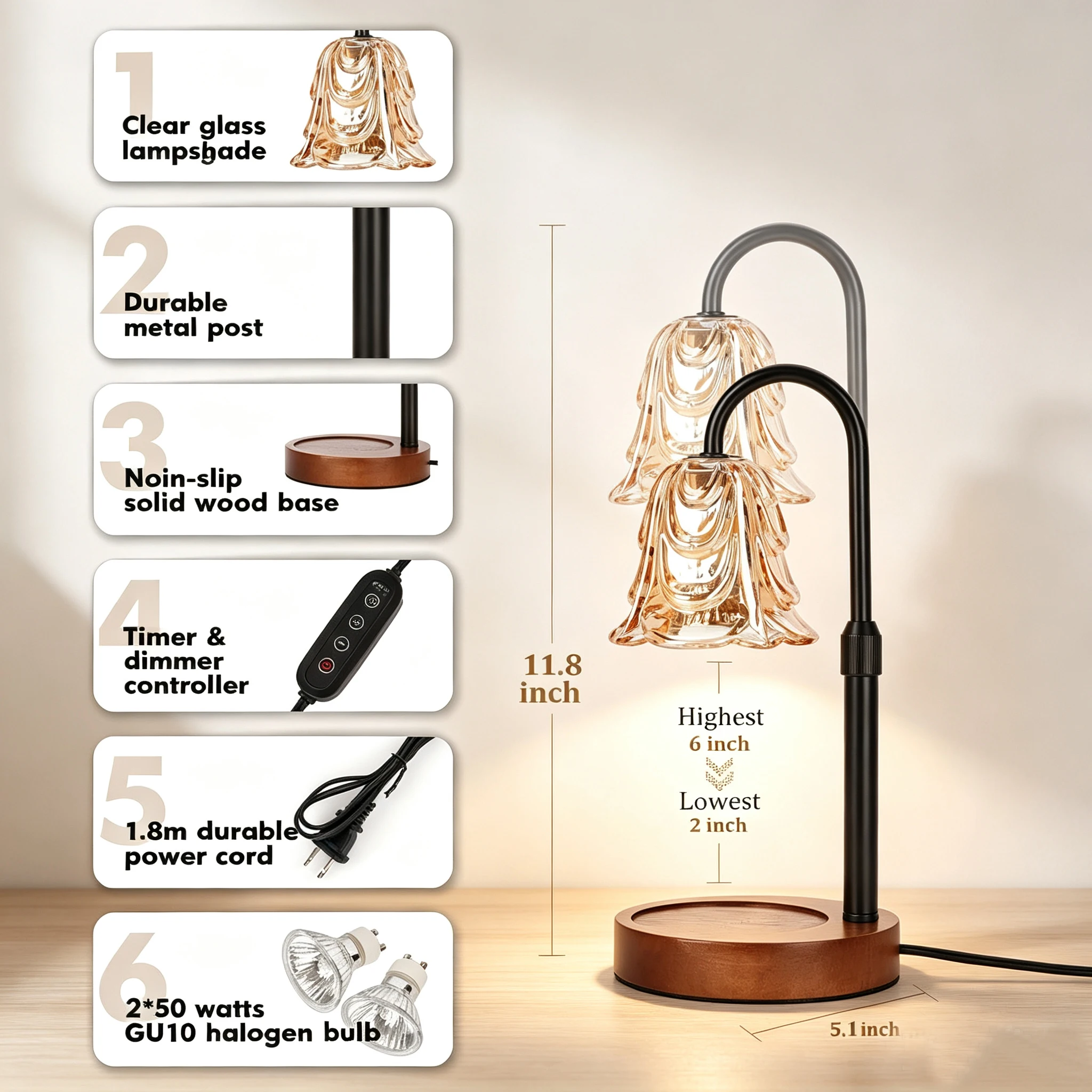Flower Candle Warmer Lamp with Timer Dimmer Adjustable Height 4 Speed Dimmable with 2 Bulbs for New Home Decor Living Room