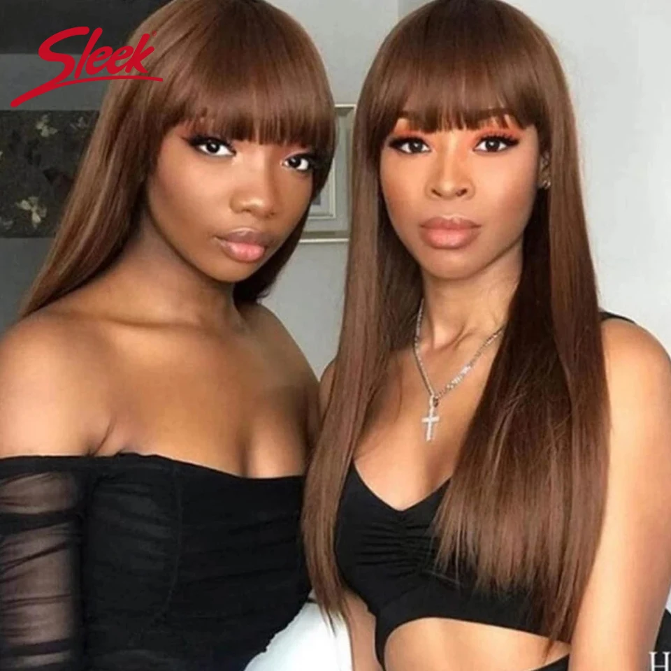 Perucas de cabelo humano elegantes com bang brasileiro reto vermelho borgonha perucas de cabelo humano cor marrom 4 #   Para mulheres negras sem perucas de renda