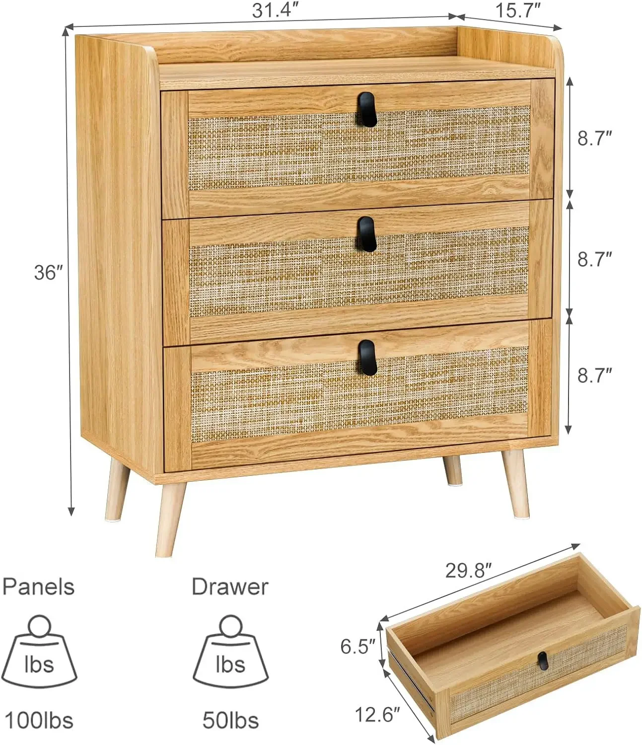 Knowlife 3 Drawer Rattan Dresser for Bedroom, Chest of Drawer, 3 Drawer Dresser, Modern Wood Dresser with Natural Rattan Drawer