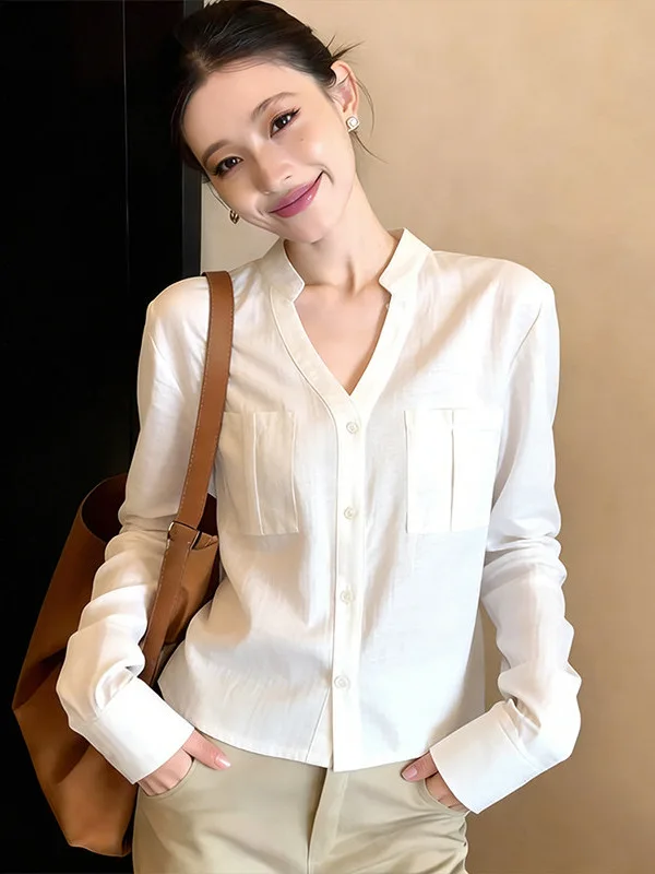 

Элегантная белая женская рубашка с воротником-стойкой, премиум-качество, новинка весеннего сезона, комфортная, дышащая, с длинным рукавом, на пуговицах