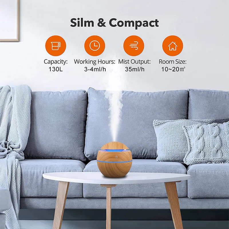 Humidificador de aire de grano de madera para el hogar, purificador, difusor de Aroma, pulverizador de niebla fría ultrasónico USB, fragancia de aceite esencial