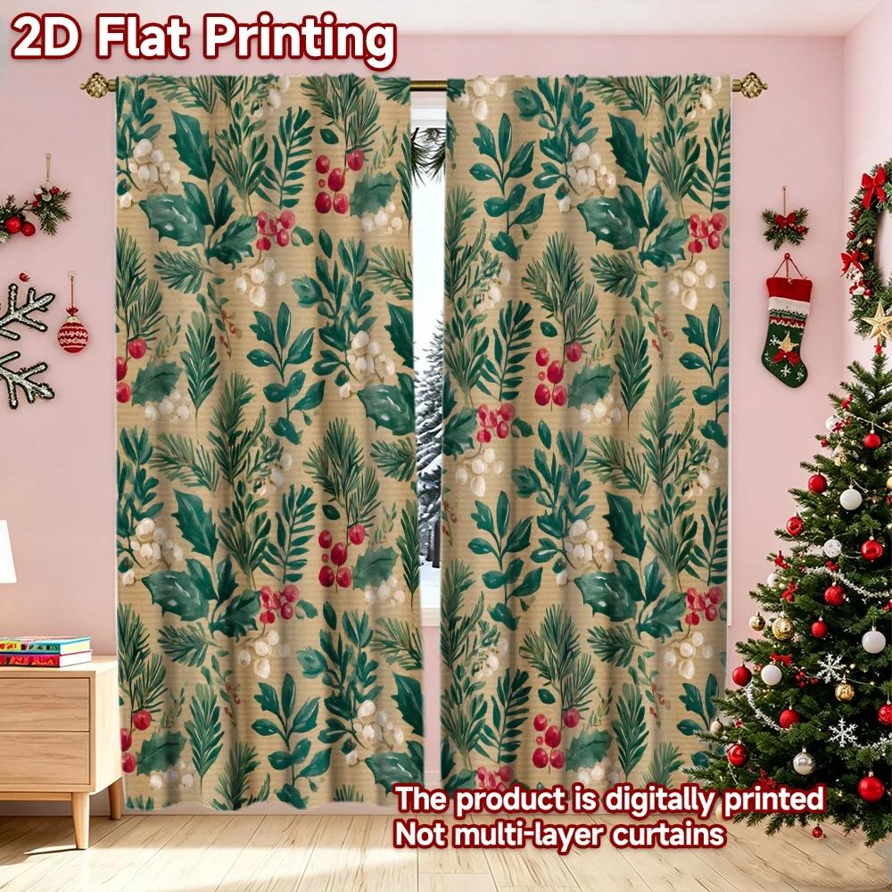 2D flat printing 2pcs Trend Christmas Curtains Christmas Holly and Leaves Digitally printed polyester curtains Party & Holiday